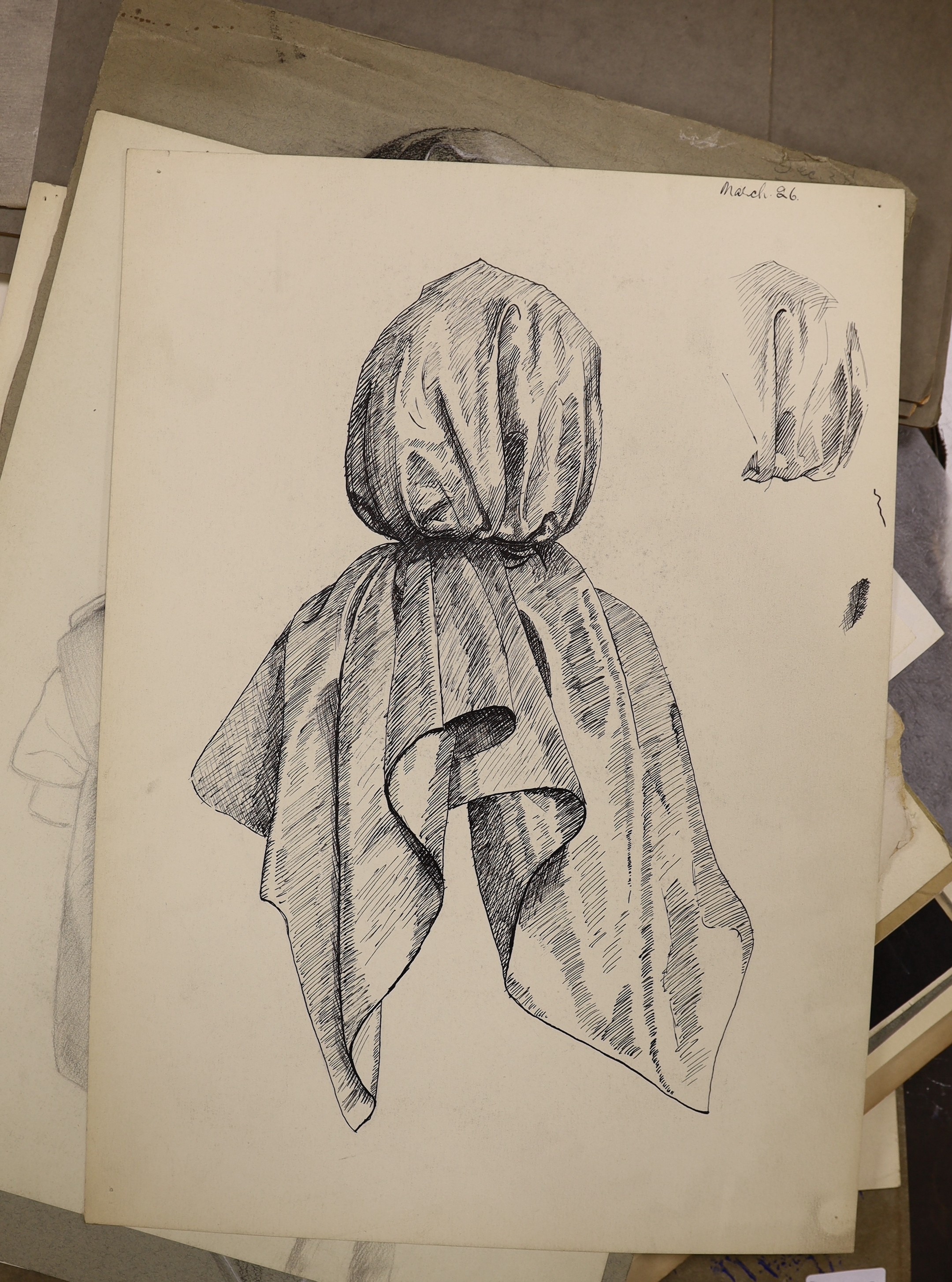 A collection of 18th century and later engravings, various subjects including botany, together with a folio of drawings, mostly art school figure studies from the 1950's